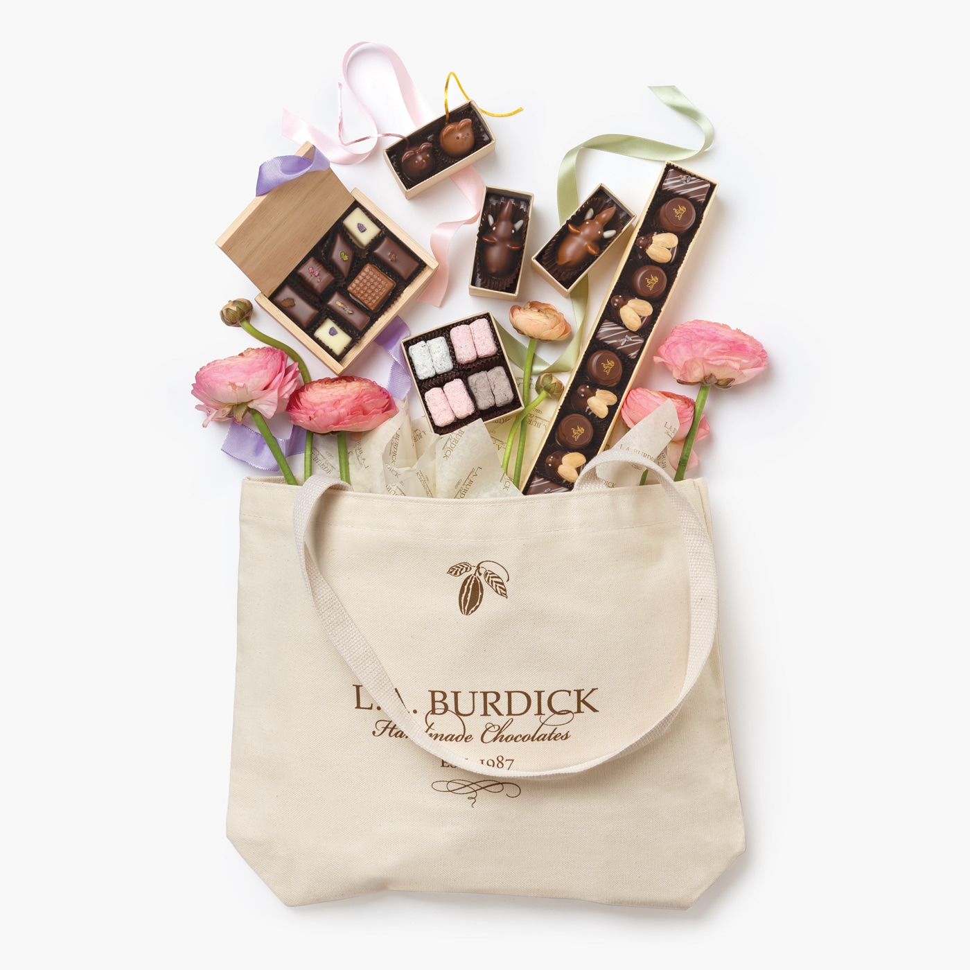 Mother's Day Gift Tote laden with our seasonal and signature chocolate gift box assortments.